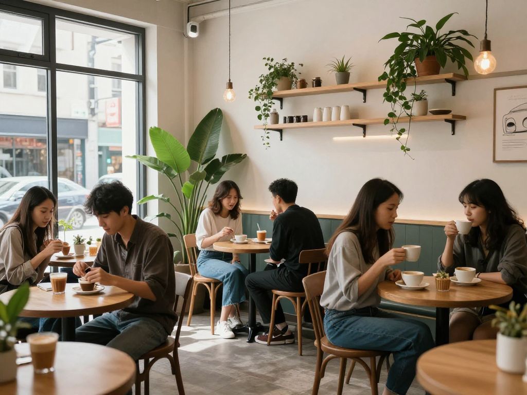 Interior of La La Land Kind Café in Arcadia with patrons and decor.