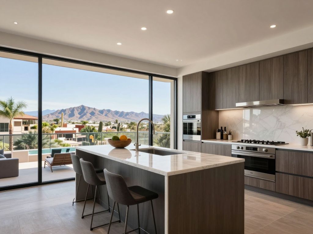 Interior view of a luxury penthouse with modern design and mountain views