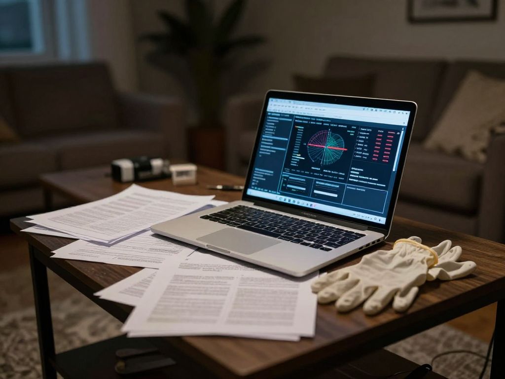 Table with DNA analysis charts, gloves, and papers in a Tucson home related to the Nancy Guthrie disappearance investigation.