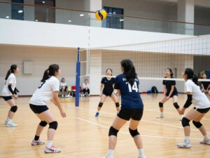 Young athletes enjoying a volleyball training session at NAU summer camp.