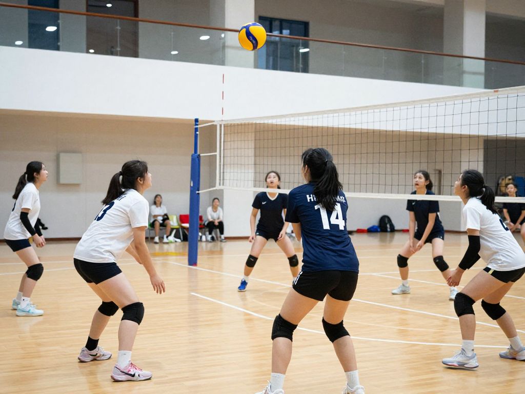 Young athletes enjoying a volleyball training session at NAU summer camp.