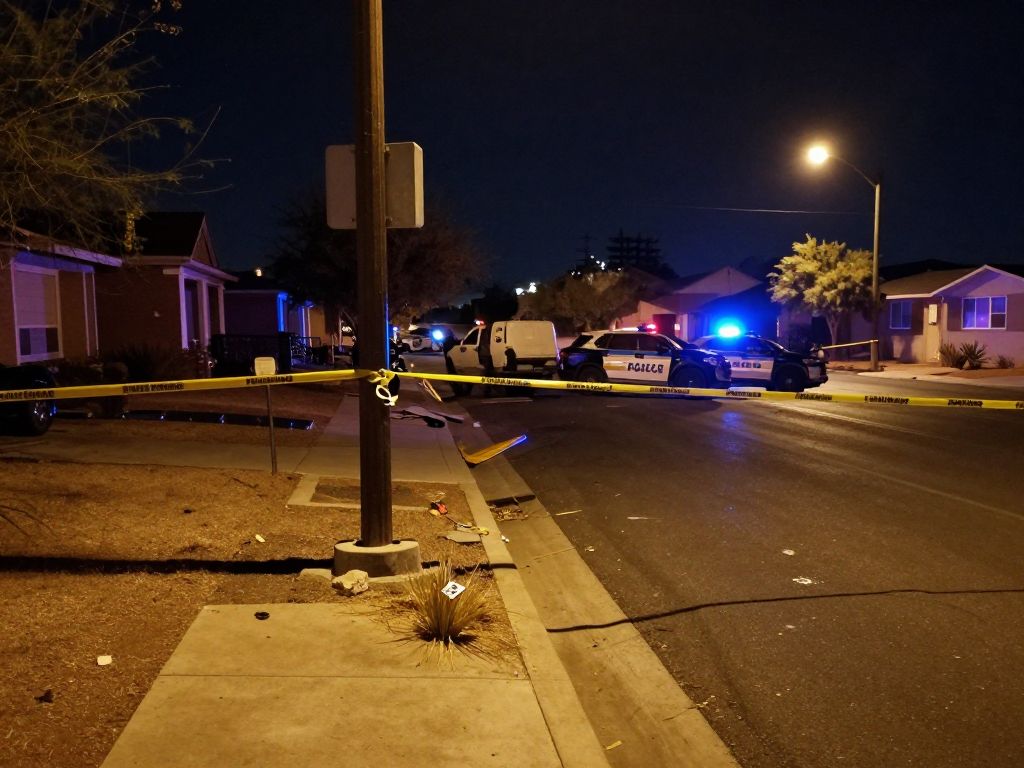 Nighttime view of a damaged light pole on a street in Peoria, Arizona, with police tape indicating an ongoing investigation into a fatal accident.