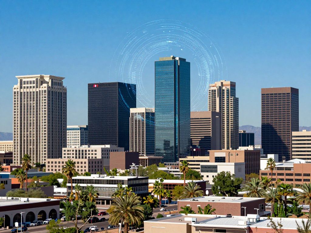 A digital representation of Phoenix AZ highlighting AI and legal aspects.