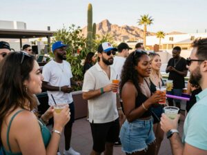 A rooftop party in Phoenix celebrating anti-Valentine's Day with friends.