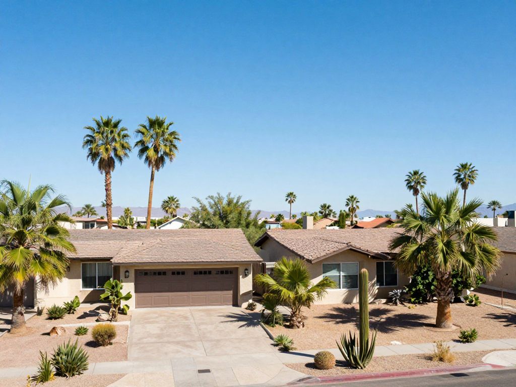 Phoenix, Arizona neighborhood under intense heat with clear blue skies, illustrating unseasonably high temperatures in late February.