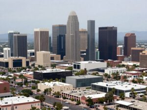 Aerial view of Phoenix, Arizona, showcasing urban development and diverse industry infrastructure, symbolizing economic growth and opportunities.