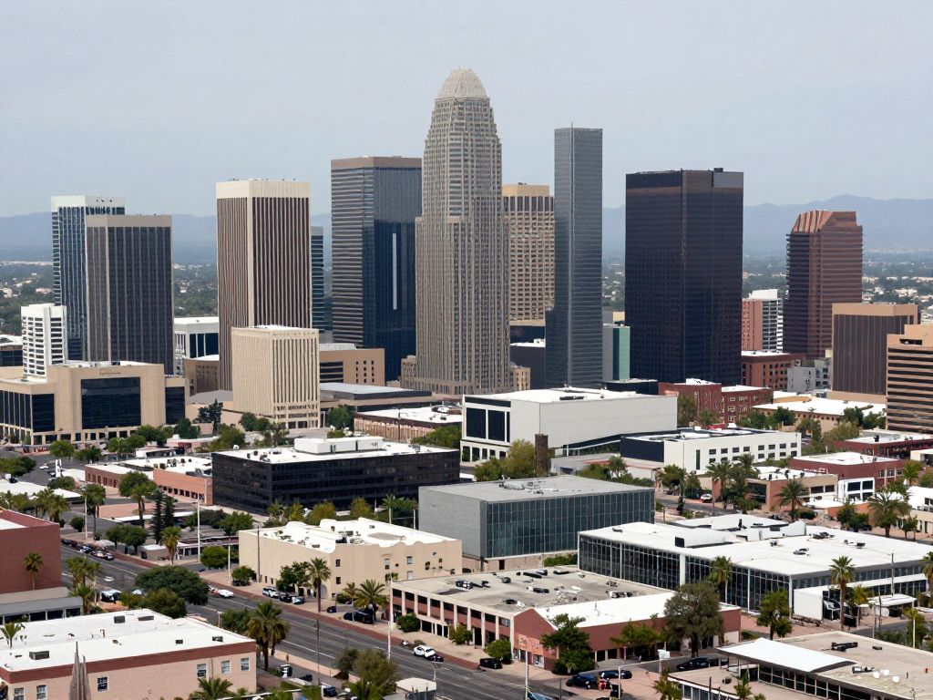 Aerial view of Phoenix, Arizona, showcasing urban development and diverse industry infrastructure, symbolizing economic growth and opportunities.