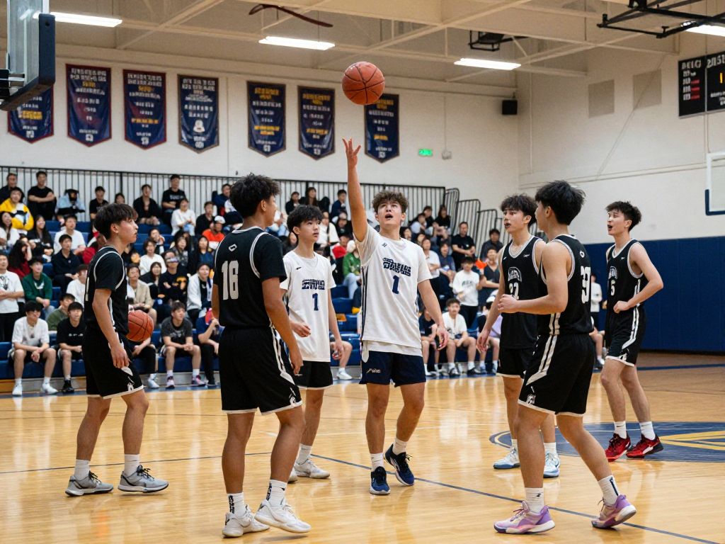 High school basketball players celebrating teamwork and success in a gym.