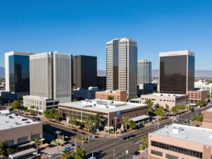 A panoramic view of Phoenix Arizona's business district including modern office buildings.