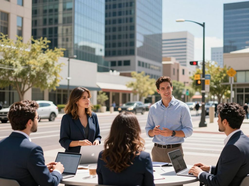 Entrepreneurs engaging in a discussion in a vibrant Phoenix business district.
