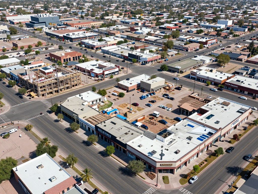 Aerial view of commercial retail development in Phoenix, Arizona, showing new construction and existing businesses.