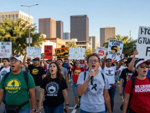 Diverse group of protesters demonstrating in Phoenix with signs
