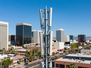Urban landscape of Phoenix with telecommunications infrastructure.
