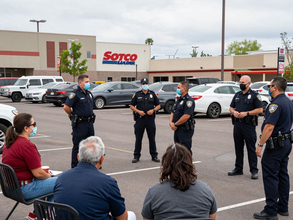 Residents discussing safety measures in a Costco parking lot.