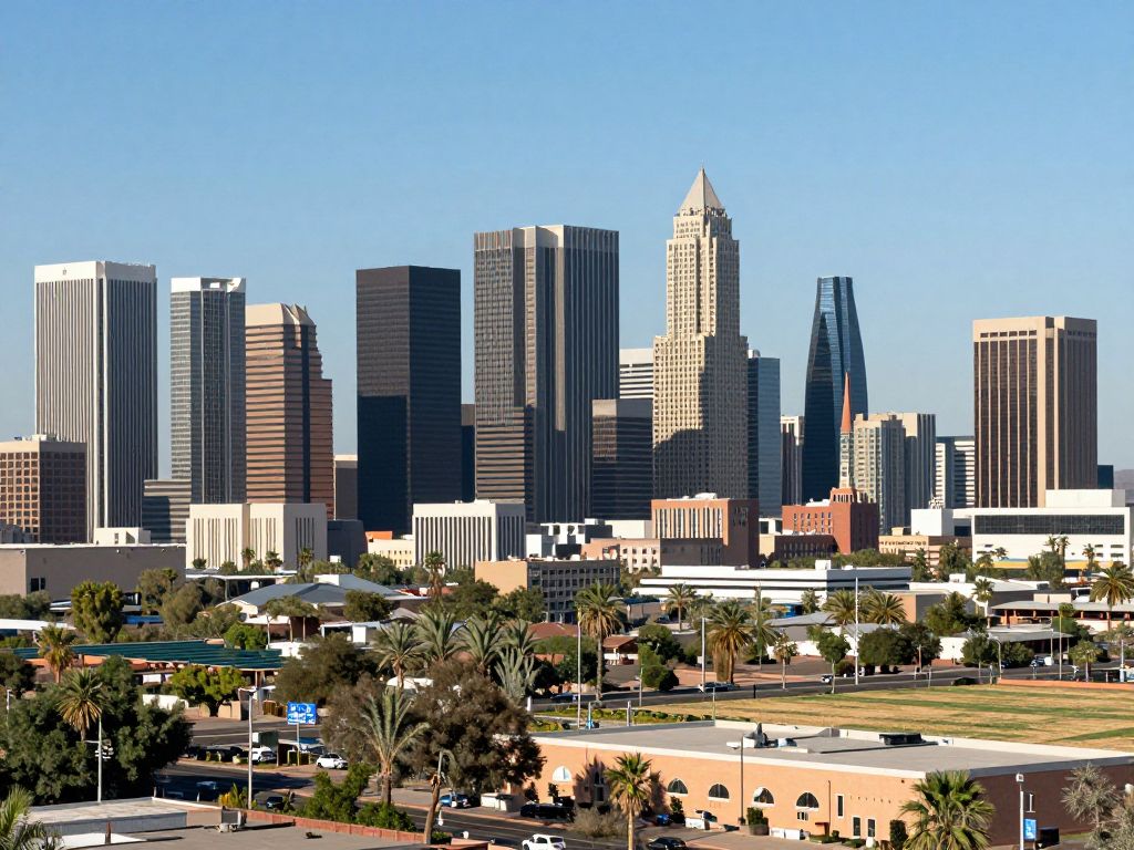 Phoenix skyline with focus on modern architecture representing economic growth.