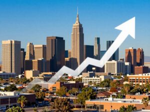 A panoramic view of Phoenix, Arizona's skyline symbolizing economic growth.