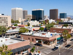 Skyline of Phoenix with small businesses thriving