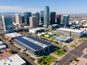 Futuristic cityscape in Phoenix, representing emerging industries