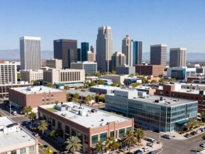 Cityscape of Phoenix showcasing small businesses and engineering firms