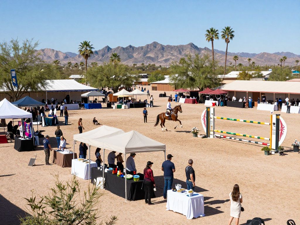 A lively depiction of February events in Phoenix including cultural exhibitions and equestrian activities.