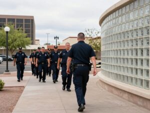 Phoenix firefighters participating in a solemn memorial procession towards a memorial wall in downtown Phoenix, AZ.