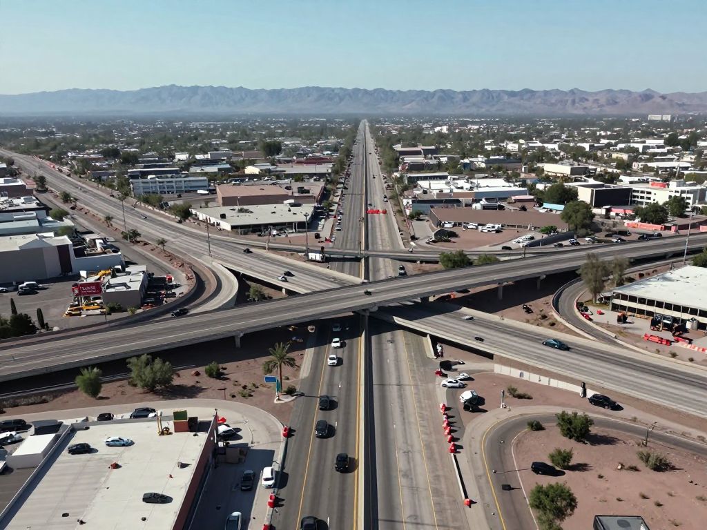 Aerial view of I-17 and Loop 101 freeways in Phoenix, Arizona, showing construction zones and lane closures for infrastructure improvements.