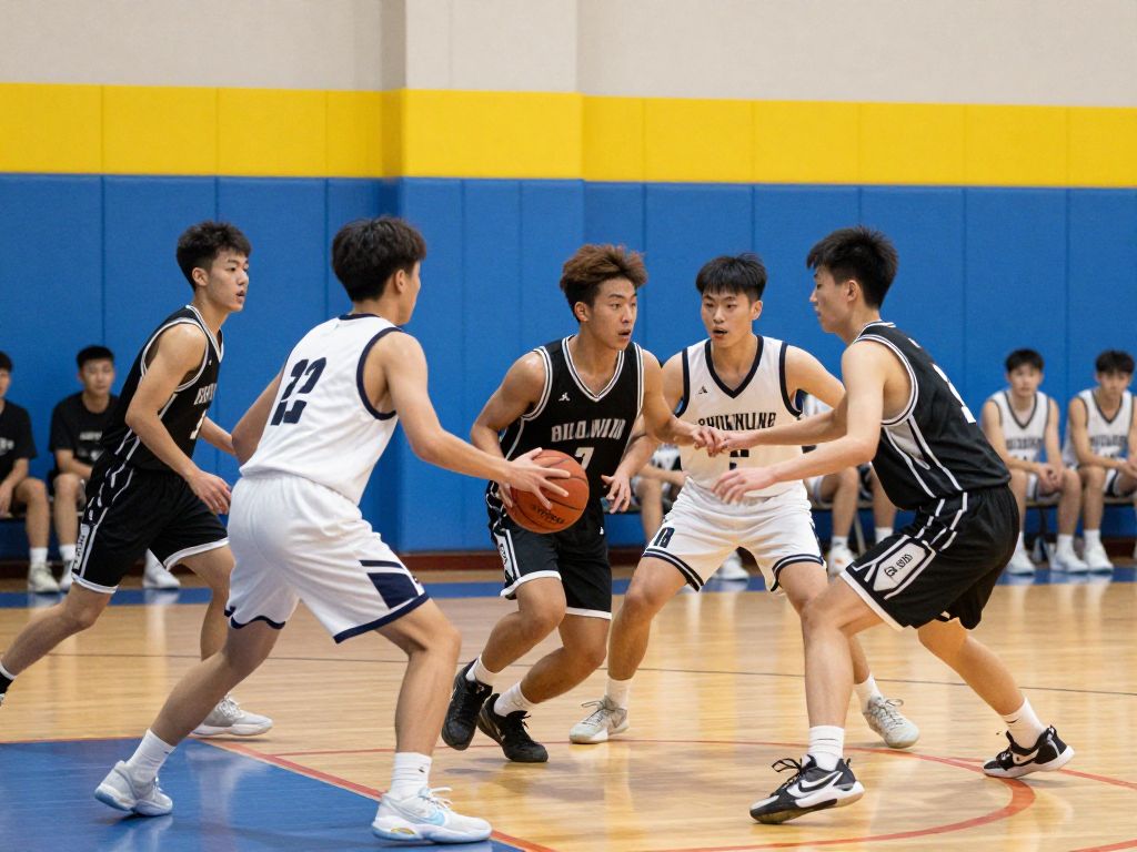 High school basketball players competing energetically in a game
