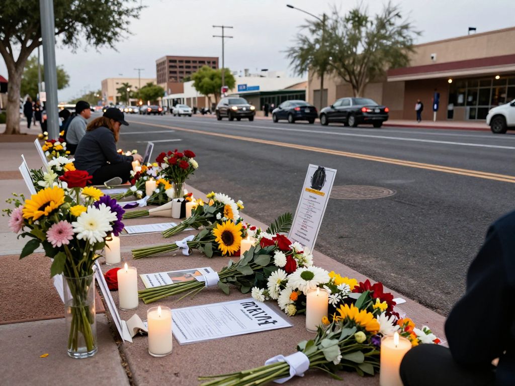 Memorial flowers and candles at a roadside in Phoenix