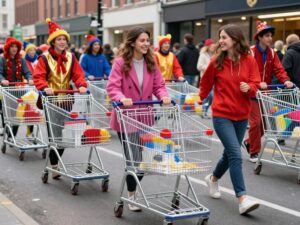 Teams participating in the Phoenix Idiotarod race with decorated shopping carts.