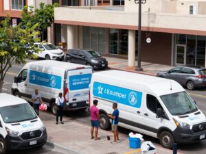 Delivery vans of Phoenix AZ Laundry Service in a busy Phoenix neighborhood