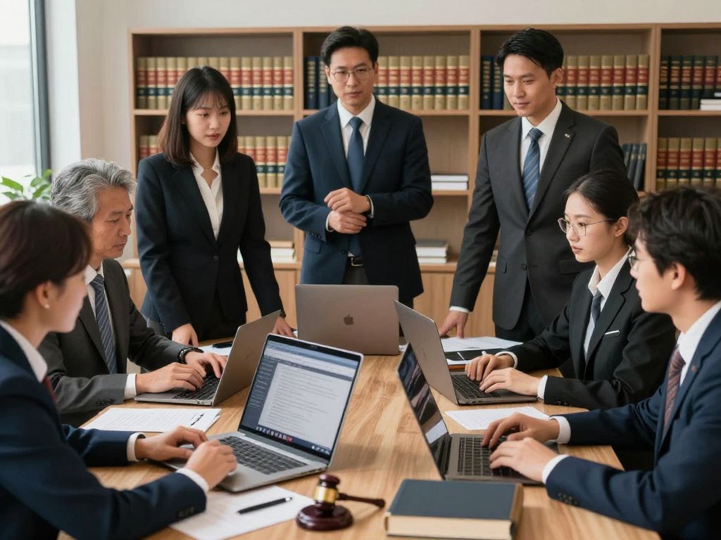 A group of lawyers collaborating in an office environment.