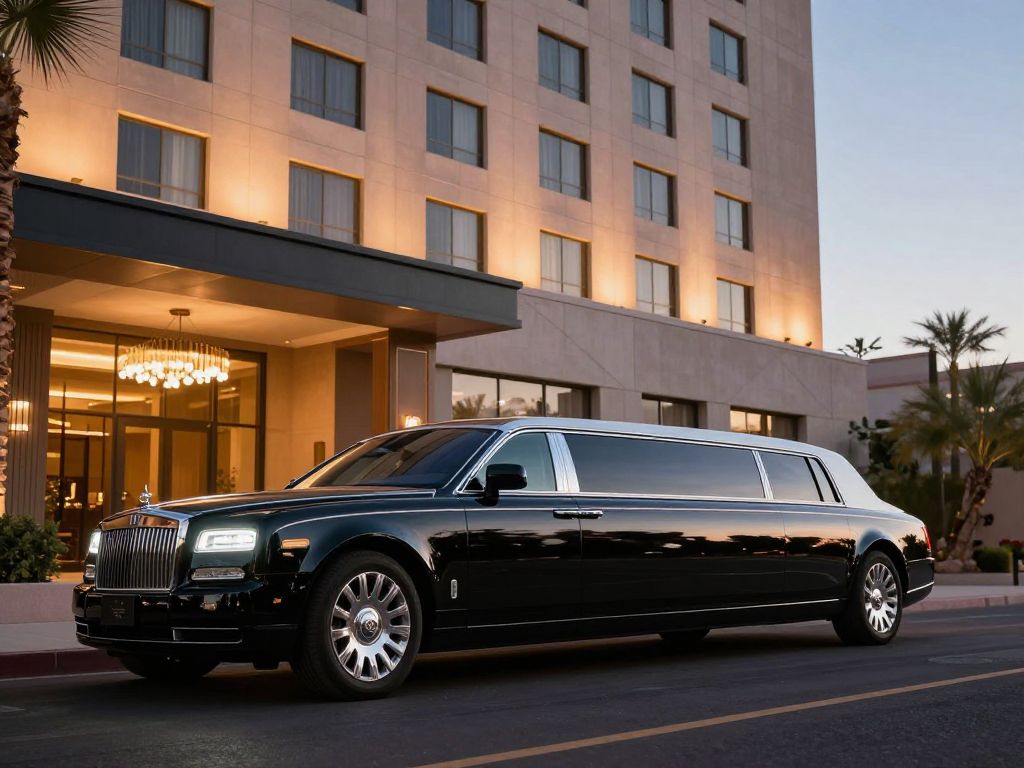 A luxury limousine in Phoenix with a vibrant city background
