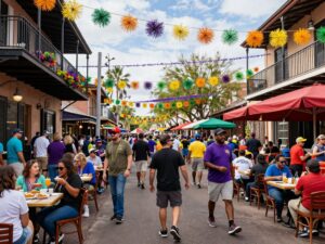 Festive Mardi Gras scene in Phoenix with decorations and happy crowds.