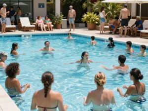 A busy public pool in Phoenix during summer with families enjoying the water.
