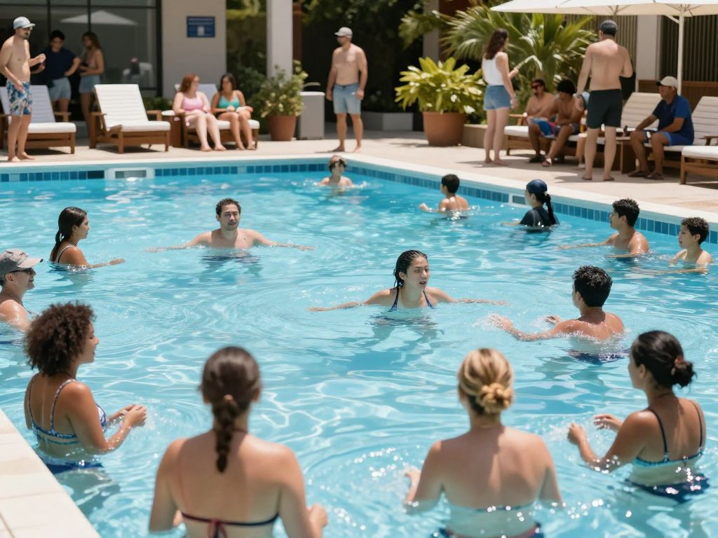A busy public pool in Phoenix during summer with families enjoying the water.