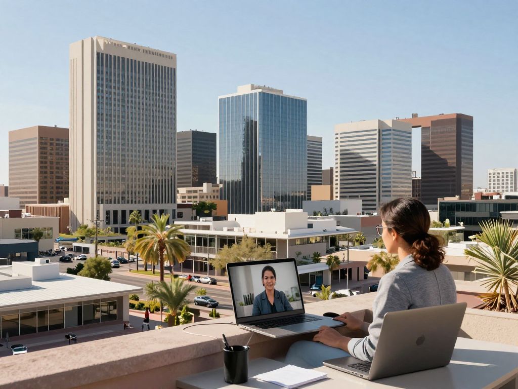 Urban landscape of Phoenix, Arizona, highlighting modern architecture and telecommuting professionals.