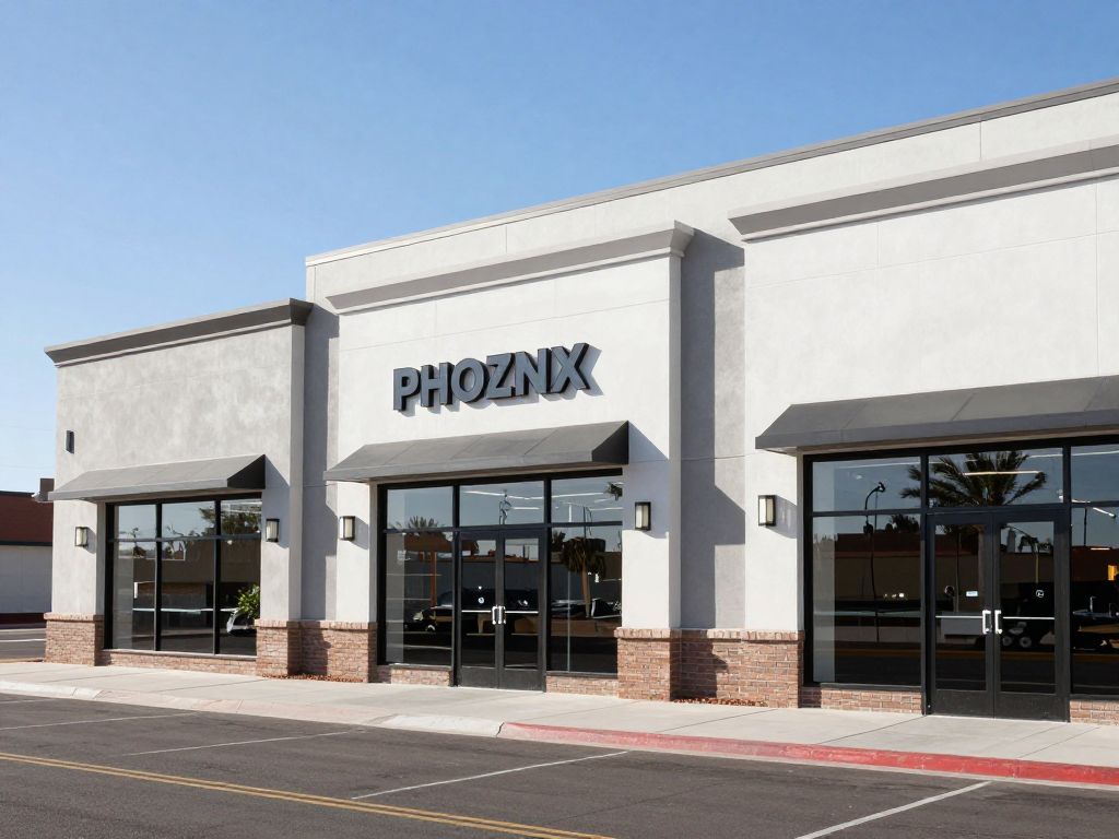 Three identical, modern retail buildings in Phoenix, Arizona, showcasing successful commercial development through prefabricated steel construction.