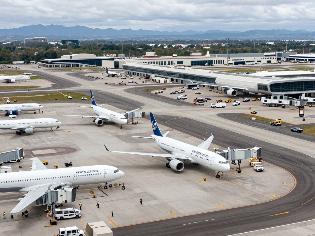 Aerial view of Phoenix Sky Harbor International Airport with many aircraft on the tarmac, suggesting significant flight activity and potential disruptions.