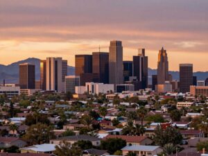 Vibrant skyline of Phoenix showcasing residential areas and desert mountains