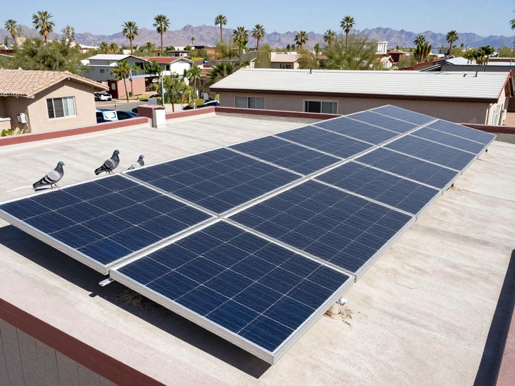 Residential solar panels on a Phoenix AZ rooftop, showing potential nesting spots for pigeons and the need for bird proofing.