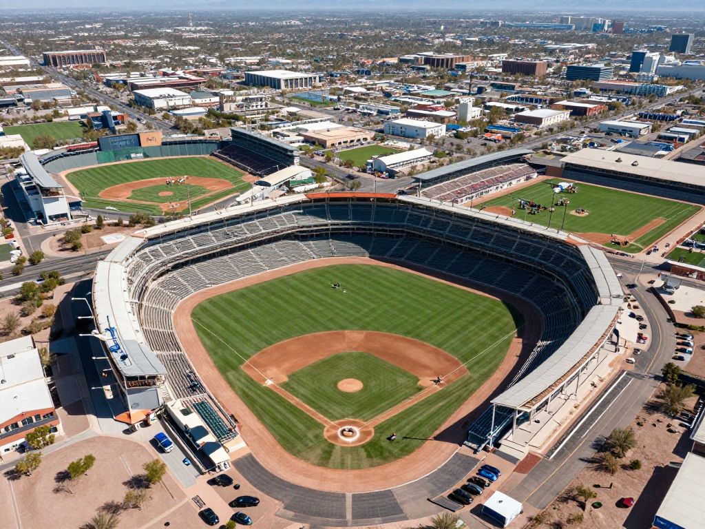 Aerial view of baseball stadiums in the Phoenix, Arizona area, showcasing the scale of Spring Training facilities within the desert landscape.