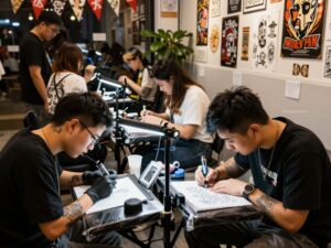 Tattoo artists working on clients during a Friday the 13th promotional event in Phoenix.