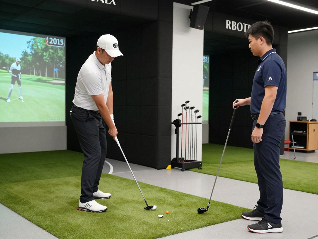 A golf professional fitting a golfer with custom golf clubs