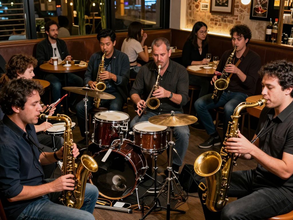 Musicians engaging in a lively jazz jam session at Pita Jungle in Chandler