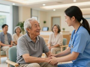 Elderly person receiving care in assisted living facility