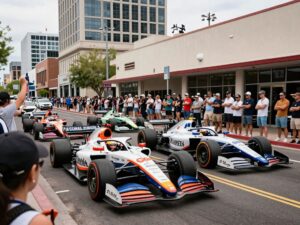 High-performance racing cars at the Red Bull Showrun in Downtown Phoenix.