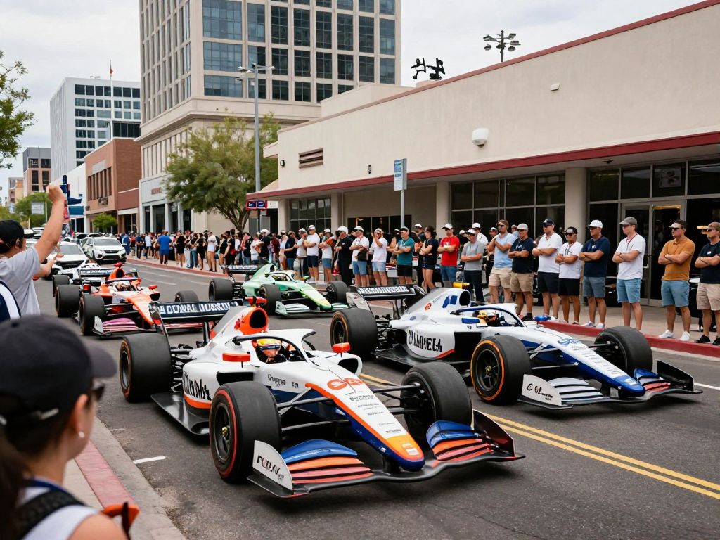 High-performance racing cars at the Red Bull Showrun in Downtown Phoenix.