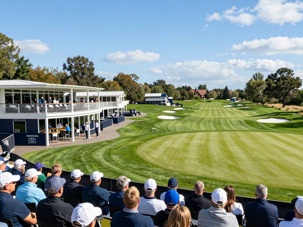 A modern hospitality structure overlooking the redesigned 16th hole at the WM Phoenix Open