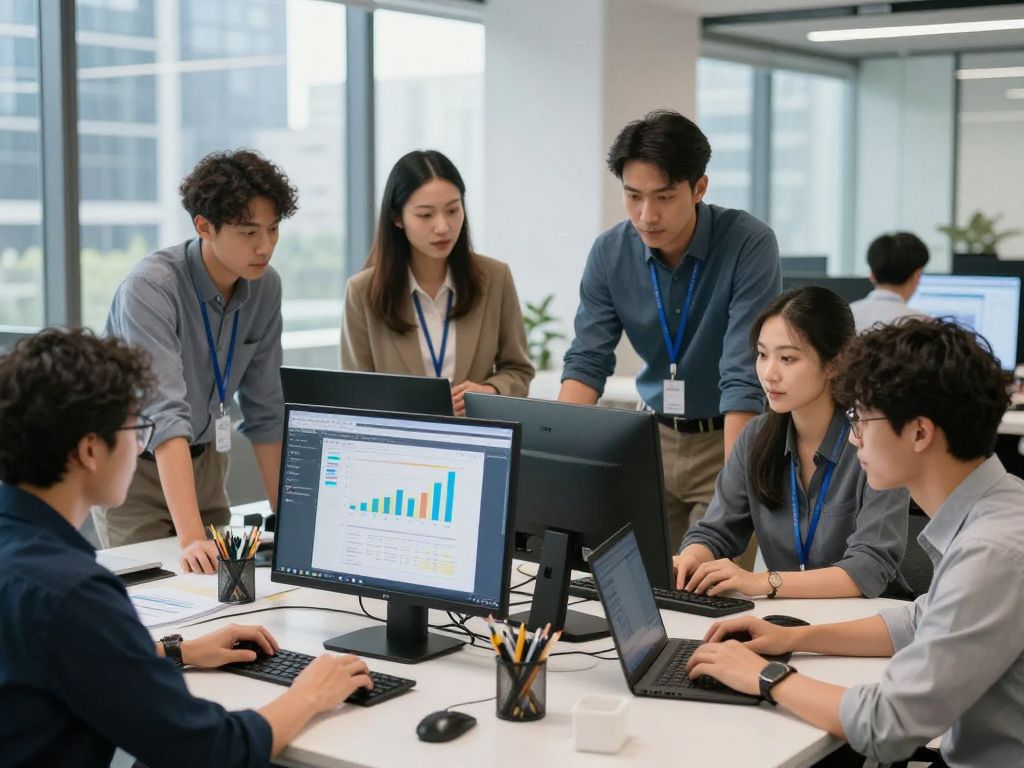 Team collaborating in an innovative office for a tech firm.