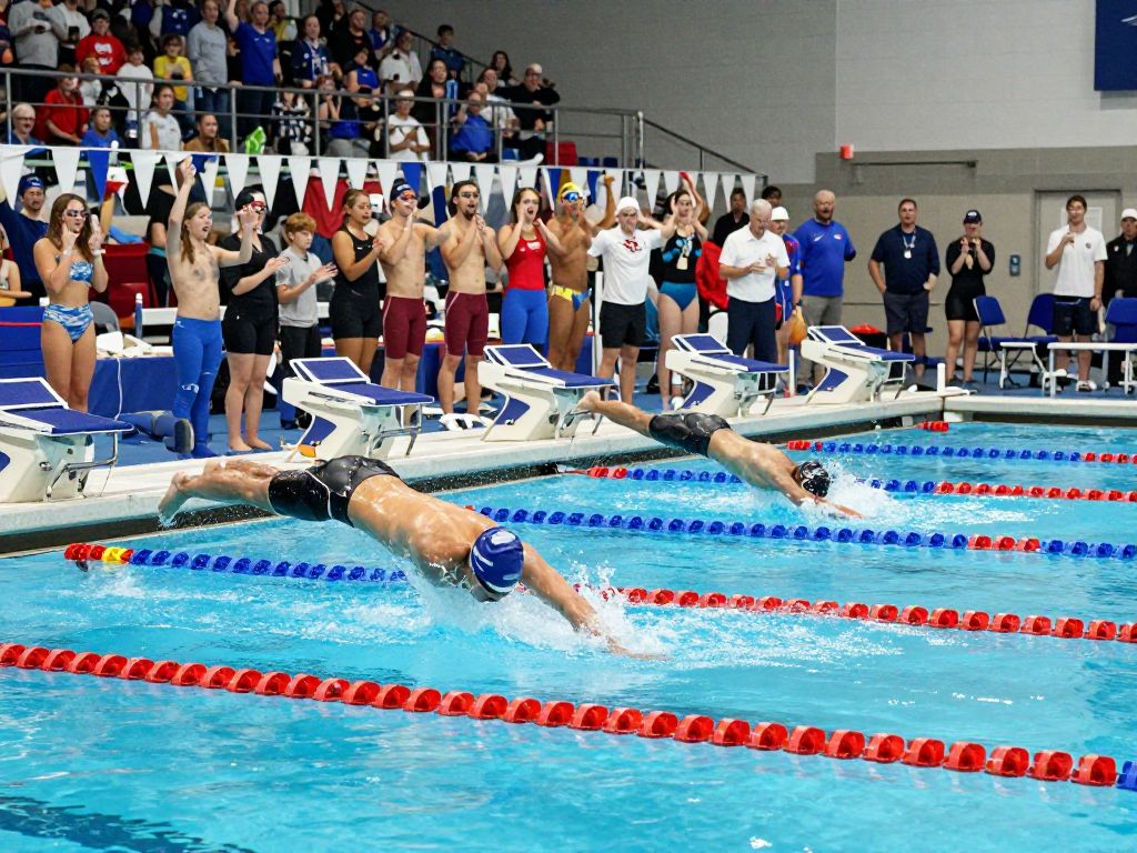 High school swimmers diving into the pool at the UIL State Championships